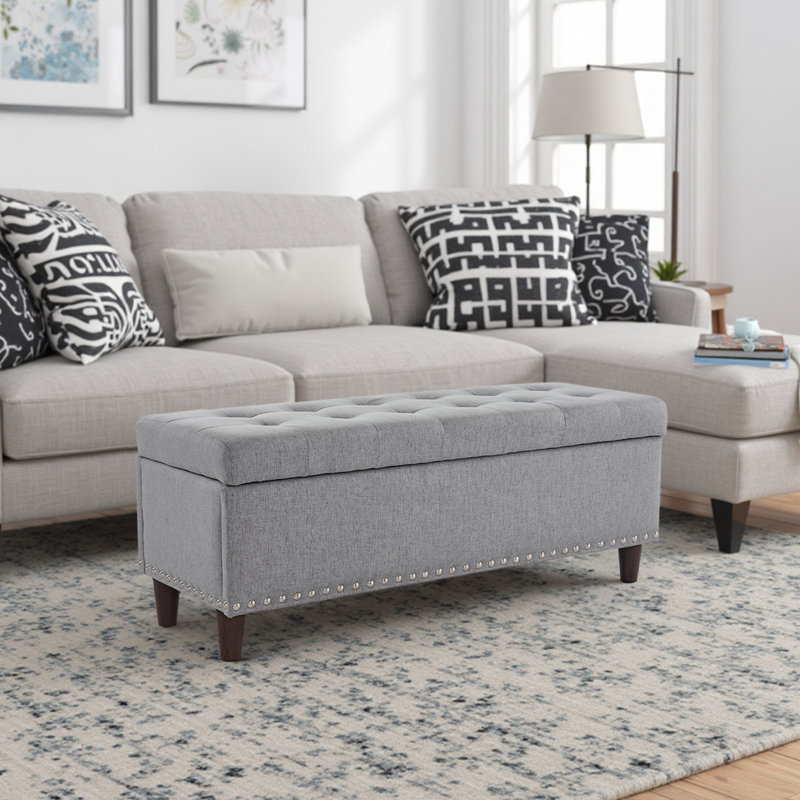 43" Upholstered Storage Ottoman, Grey Linen