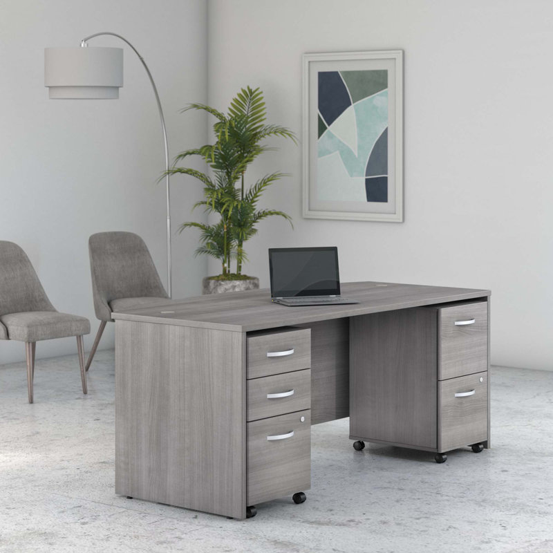 Ensemble de bureau rectangulaire configurable en bois manufacturé 3 pièces Studio C, Gris platine