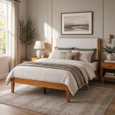 Mid-Century Platform Bed with Upholstered Headboard