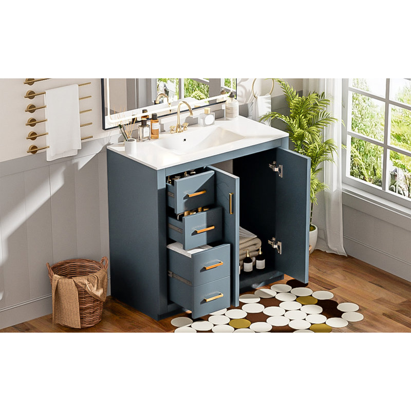 Ensemble de meuble-lavabo 36 po avec lavabo en céramique, armoire de rangement en bois massif, ensemble de meuble-lavabo autoportant avec 3 tiroirs et portes à fermeture douce