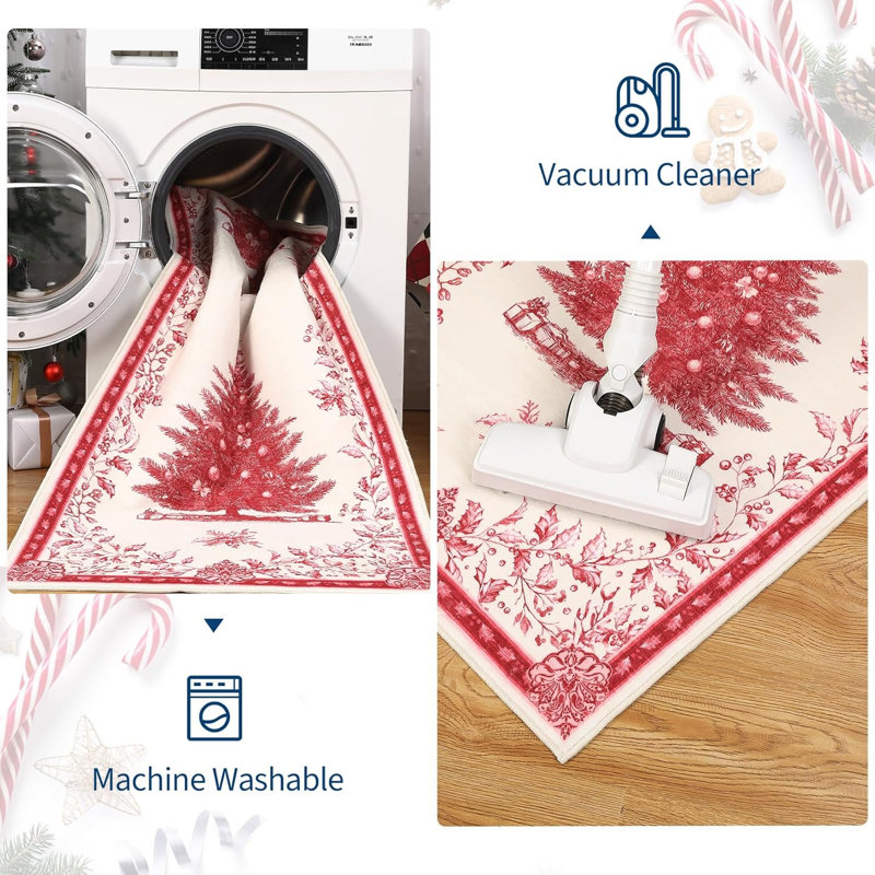 Christmas Tree Print Non-Slip Indoor Rug – Washable Soft Holiday Doormat for Entryway, Kitchen, Bathroom, Bedside -Thin Red Carpet