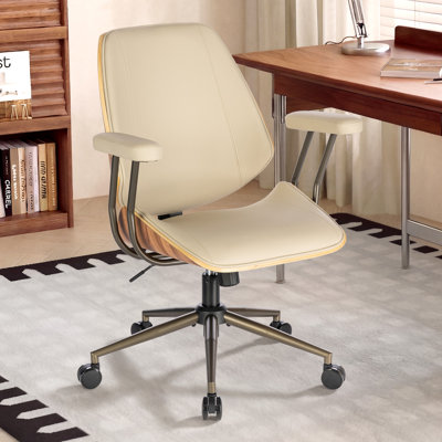 Mid-Century Modern Ergonomic Office Chair with Wood Back, Faux Leather Swivel Desk Chair with Adjustable Height