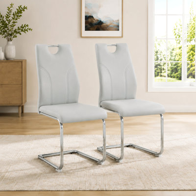 Modern Dining Chairs Set Of 2, Faux Leather Cantilever Kitchen Chairs With Handle, Mid-Century Upholstered High Back Dining Room Chairs With Chrome Metal Base, 350Lbs Capacity, Ergonomic, Grey