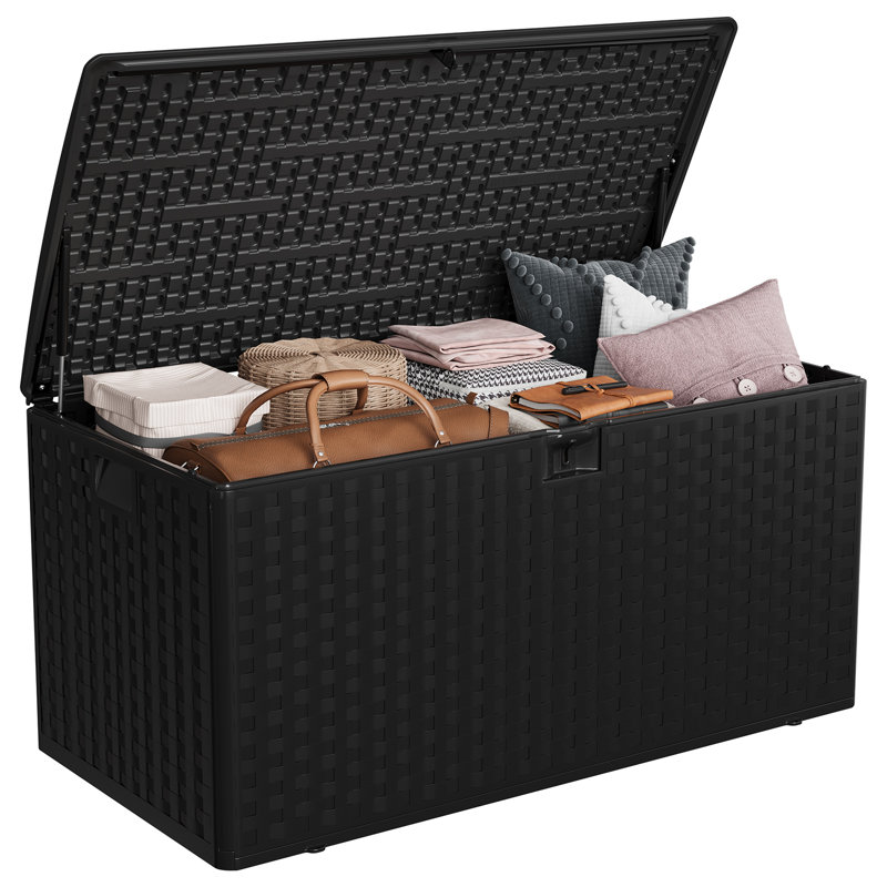 99 Gallon Weatherproof Resin Deck Storage Box – Lockable Lid, Built-in Handle, Waterproof Outdoor Chest for Garden Tools, Cushions, Pool Accessories – Durable Patio Organizer, Black