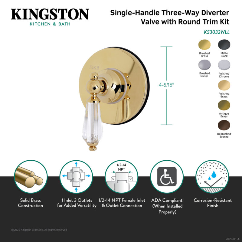 Kingston Brass Willshire Single-Handle Wall Mount Three-Way Diverter Valve with Trim Kit, Matte Black