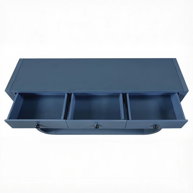 [Vidéo] Console moderne incurvée avec 3 tiroirs à fermeture en douceur et 2 tablettes ouvertes, base en bois massif, table de vestibule pour vestibule, bleu