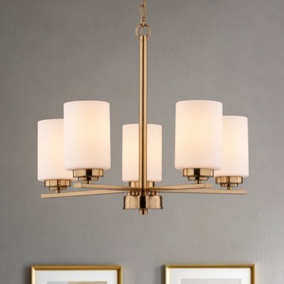 Lustre à 5 lumières Park Ridge, finition or champagne avec verre blanc givré, 21 po de largeur, hauteur réglable, compatible avec les DEL