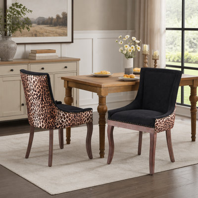 Ultra Side Dining Chair Set of 2, Leopard Print, Thickened Fabric, Solid Wood Legs, High Density Foam, Elegant Design
