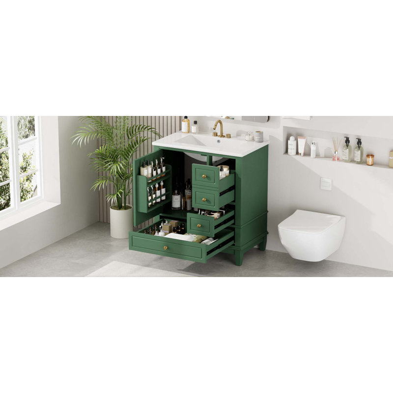 Bathroom Vanity with Sink, One Door with Shelf and Three Drawers, Soft Close Door, Green