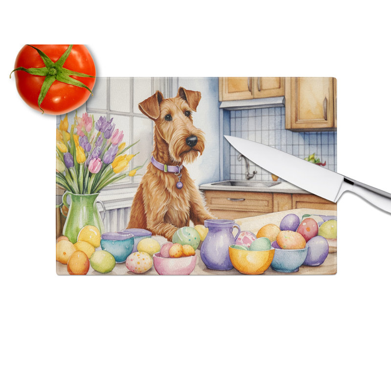 Decorating Easter Irish Terrier Glass Cutting Board