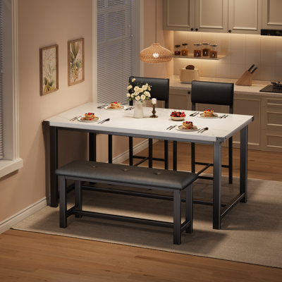 Ensemble de table de salle à manger 4 pièces blanc, table de cuisine avec banc rembourré et chaises, mobilier de salle à manger peu encombrant pour petits appartements