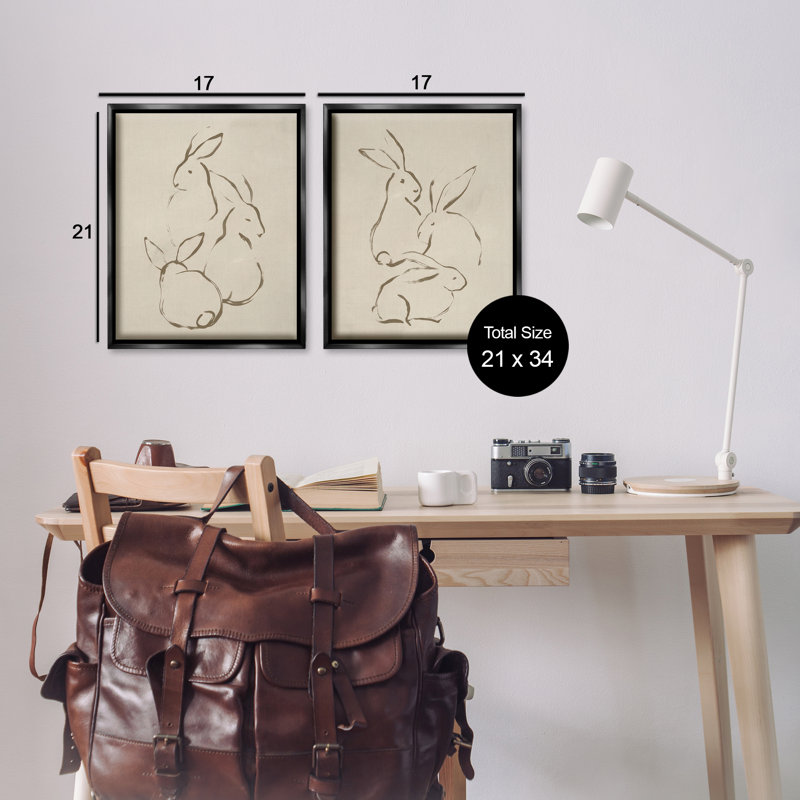Earthtone Sitting Rabbits Sketch 2 PC Framed Floater Canvas Set by June Erica Vess, Black Floater Frame, 21" H x 17" W