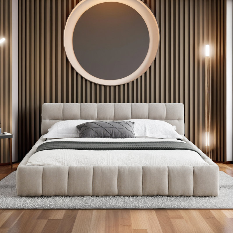 Structure de lit tapissier moderne et confortable en chenille épaisse, Beige