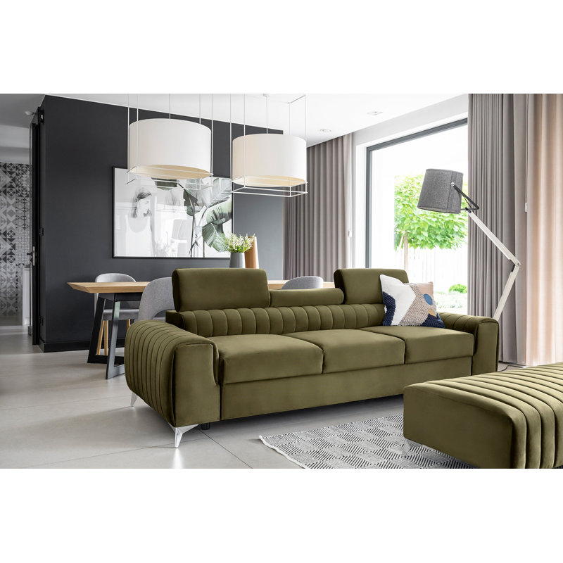 Canapé-lit en velours à 3 places Laurence - vert olive Laurence, Olive Green