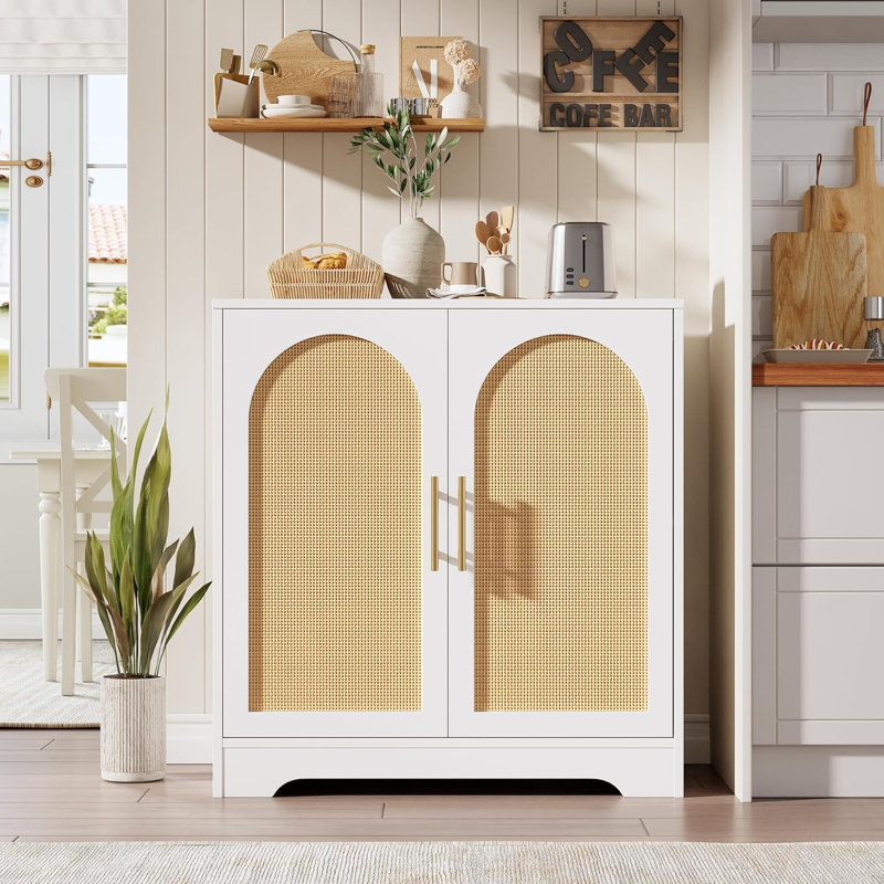 30" W Sideboard Buffet Cabinet- with 2 Rattan Doors, Storage Console Table & Modern Accent Coffee Bar Cabinet for Living Room, Kitchen, White