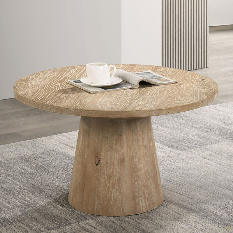 Table basse ronde de style contemporain avec structure en bois d'hévéa et piédestal en forme de cône