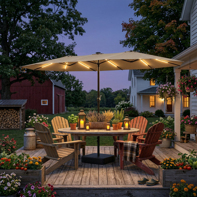 Parasol de patio à double face de 181 po de largeur avec lumières DEL solaires et base robuste, Beige