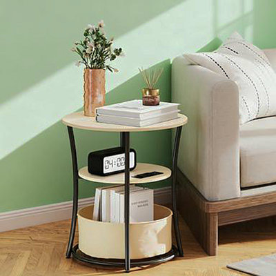 Table basse Table d'appoint ronde avec station de charge, table de bout à 3 niveaux avec sac de rangement en tissu et tablette, bois naturel