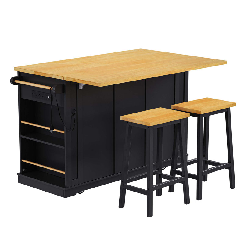 Grand îlot de cuisine de 53 pouces avec 2 tabourets de bar, prise de courant, support de rangement interne pour porte, chariot de rangement pour cuisine sur 5 roulettes avec abattant, 5 supports latéraux ouverts, 3 tiroirs, noir (trois ensembles)