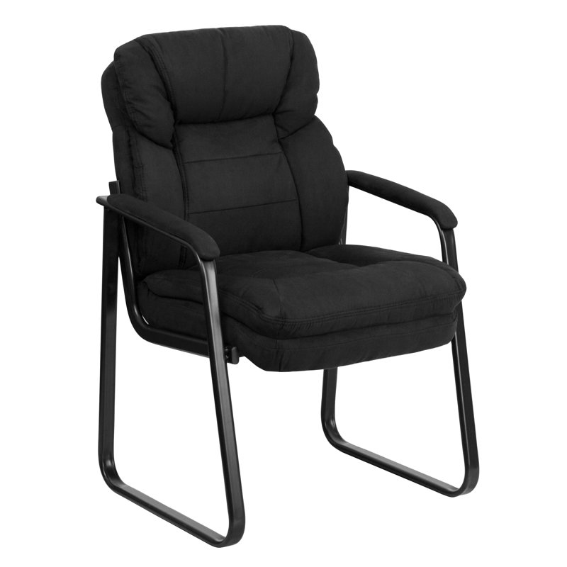 Executive Side Reception Chair with Lumbar Support and Sled Base, Black Microfiber