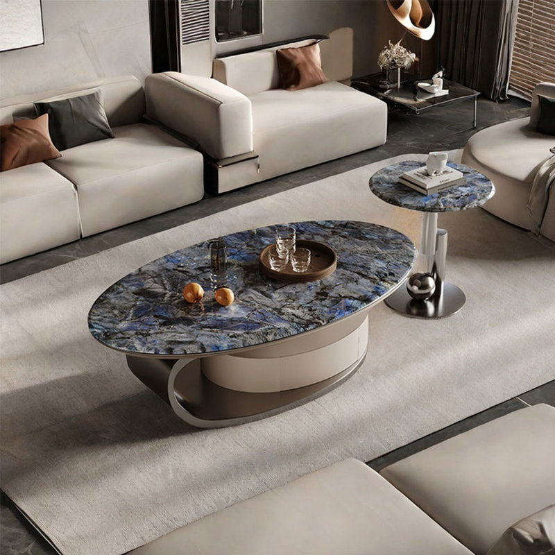 Table basse ovale en pierre supercristalline, H 16,5 po x L 55,1 po x l 31,5 po, Bleu