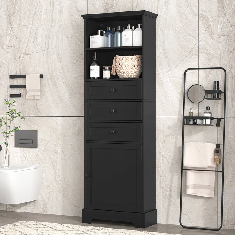 Tall Storage Cabinet With 3 Drawers And Adjustable Shelves, Black