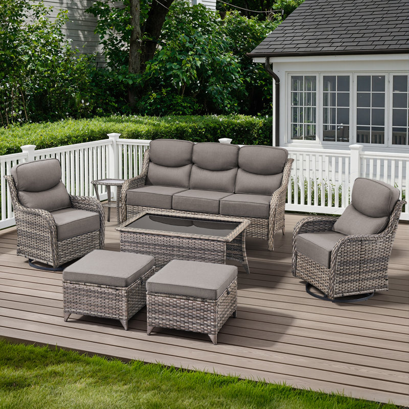 5-7 Person Outdoor Wicker Patio Conversation Set With Ottomans, Gray, Gray