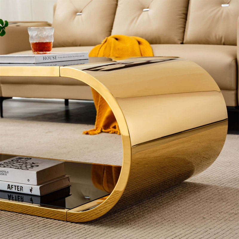 Table basse de 145 cm en acier inoxydable et verre, design moderne à 2 niveaux pour un salon spacieux et élégant