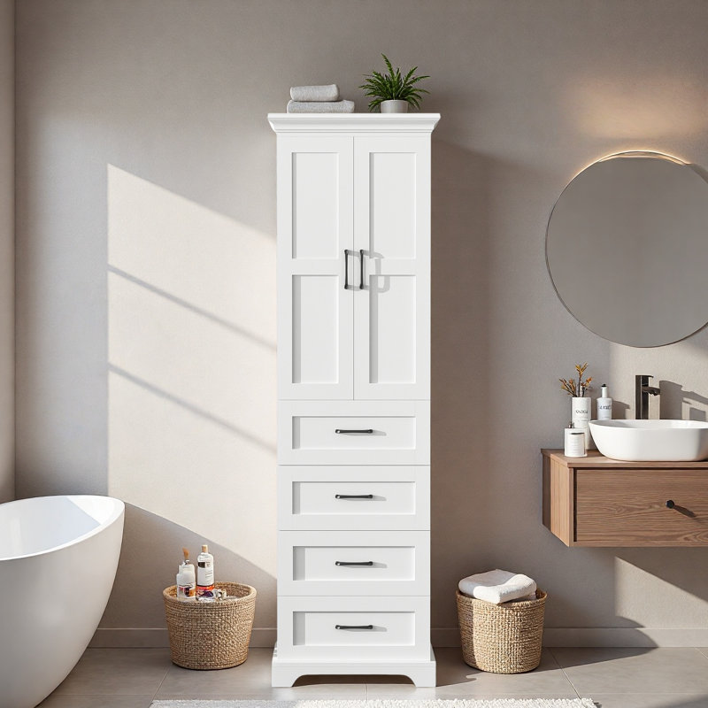 Rangement autoportant pour la salle de bain avec 2 portes à charnières, 3 tiroirs, tablette réglable et poignées noires Lron