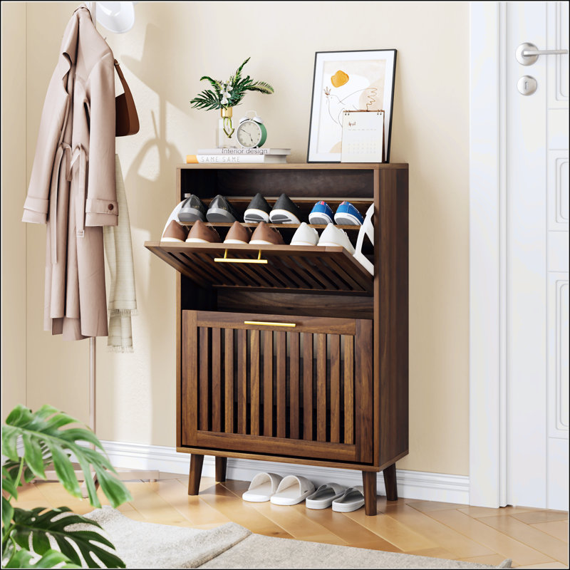 23.6-Inch Walnut Shoe Cabinet With 2 Flip Drawers, Farmhouse Design For Corridors And Entrances, 36.4" H x 23.6" W x 9.5" D