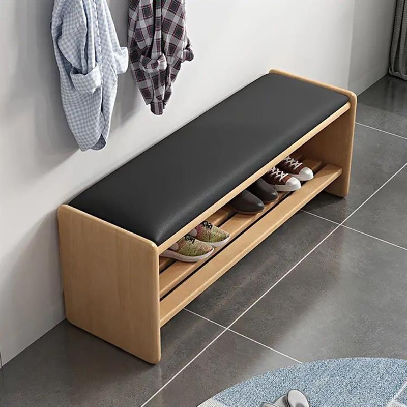 35.4in Shoe Change Stool Shoe Storage Bench, Black/Natural Wood