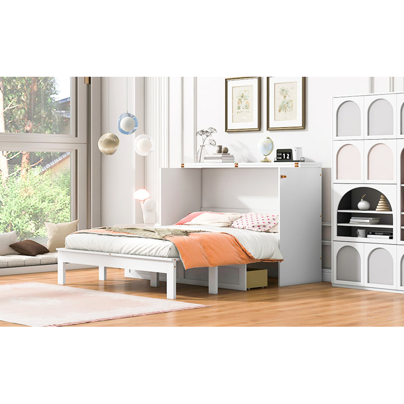 Lit escamotable avec tiroir et un ensemble de prises et de ports USB, design moderne, Grand, Blanc