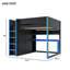 Lit mezzanine double avec garde-robe, bureau, USB, tablettes de rangement et lumières DEL, noir et bleu
