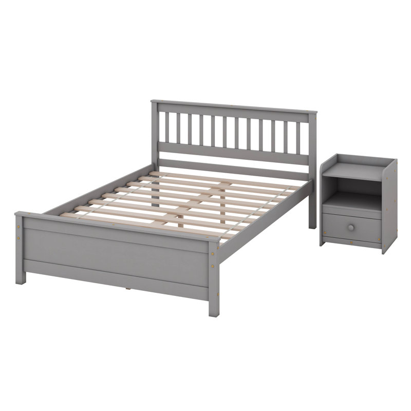 Lit avec tête et pied de lit, table de chevet incluse, gris, Double