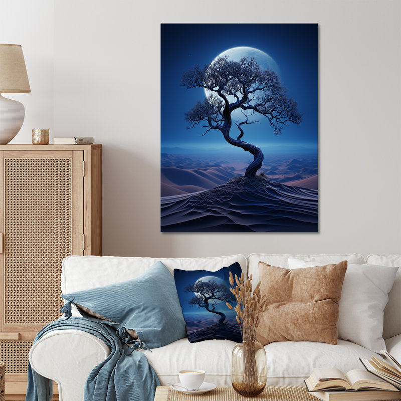 Arbre bleu au clair de lune dans le désert II - art mural désert en métal, H 20 po x l 12 po x P 1 po