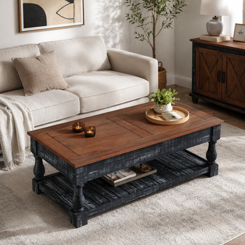 Table basse à plateau relevable rétro avec rangement pour le salon, compartiment caché et tablette inférieure, espresso et finition noire patinée