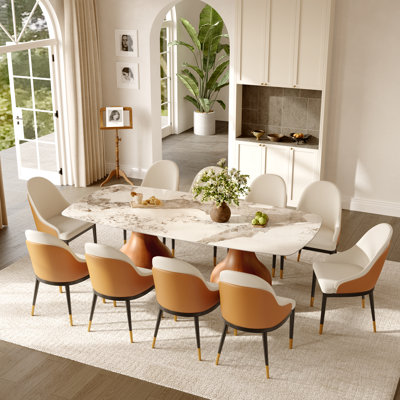 Modern 8/10/12 People Dining Room Set, Pre-Assembly Rectangular Dining Table, Sintered Stone Tabletop & Trestle Pedestal, Upholstered PU Leather Chairs