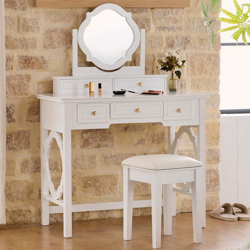 Compact Vanity Table with Swivel Mirror and 5 Drawers