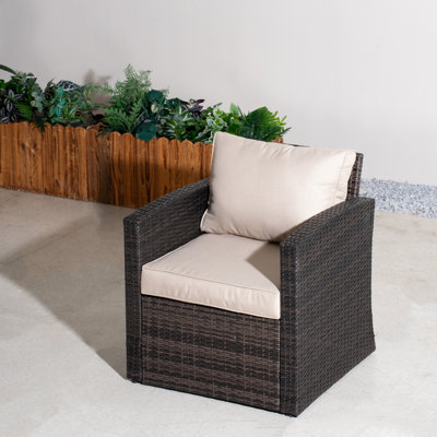Brown Pe Rattan Garden Armchair With Cushions, Powder-coated Iron Frame (1 Chair)