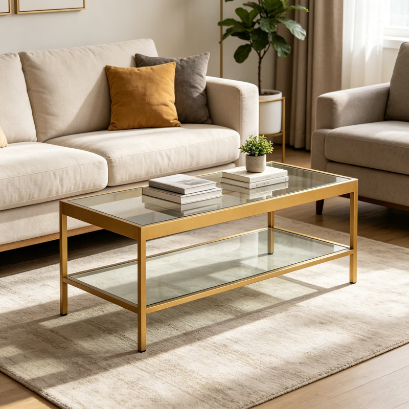 Table basse moderne moderne avec cadre en laiton et plateau en verre trempé, largeur de 45 pouces pour le salon et le studio