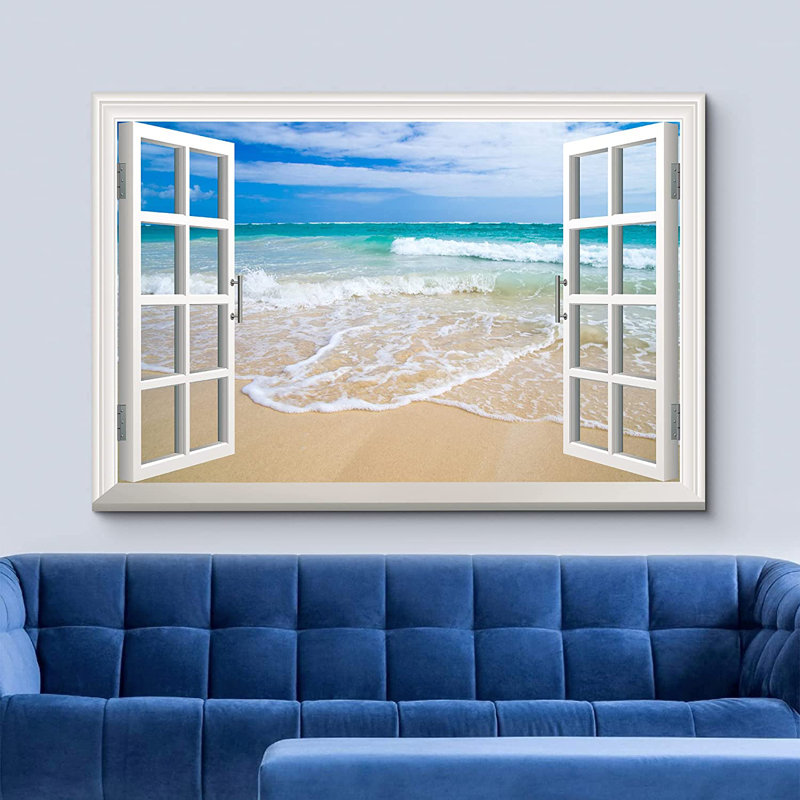 Fenêtre, paysage, vagues blanches sur la plage - reproduction sur toile tendue, H 24 po x l 36 po