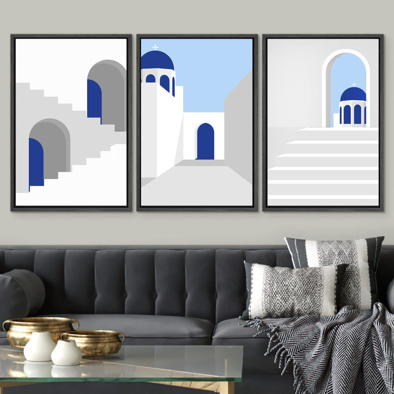 " Geometric Mediterranean Blue Buildings Places Country Illustration Modern Bohemian Scenic Ultra " 3 - Pieces, Blanc