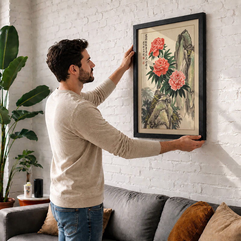 Peonies with Stone Japandi - Framed Print, A1 - 84.1 x 59.4 cm, Oak