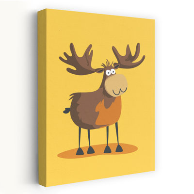 Happy Cartoon Moose Contemporary Forest Wall Art Print by Mathieu - Wrapped Canvas Print