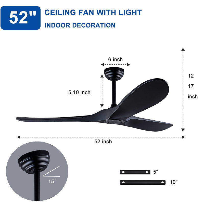 Ventilateur de plafond 52 pouces en ABS avec support standard à distance sans lumières pour garage, patio, porche, garage ou salon