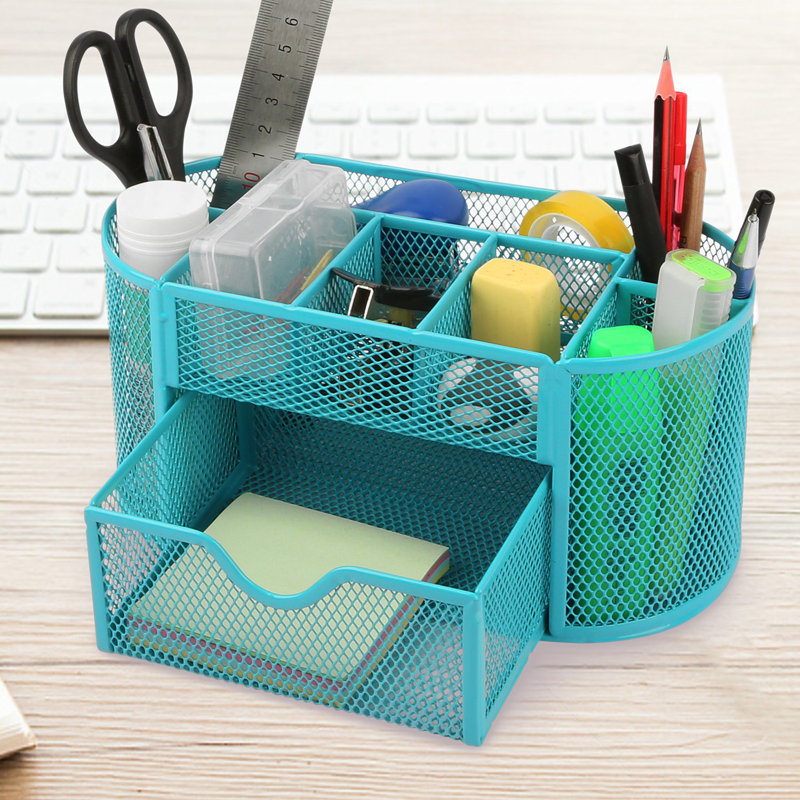 Organisateur de bureau en filet bleu ciel avec 9 compartiments et tiroir coulissant, Bleu ciel