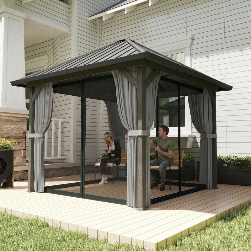Pavillon de jardin à toit rigide 10 pi x 10 pi avec toit en acier, filet et rideaux