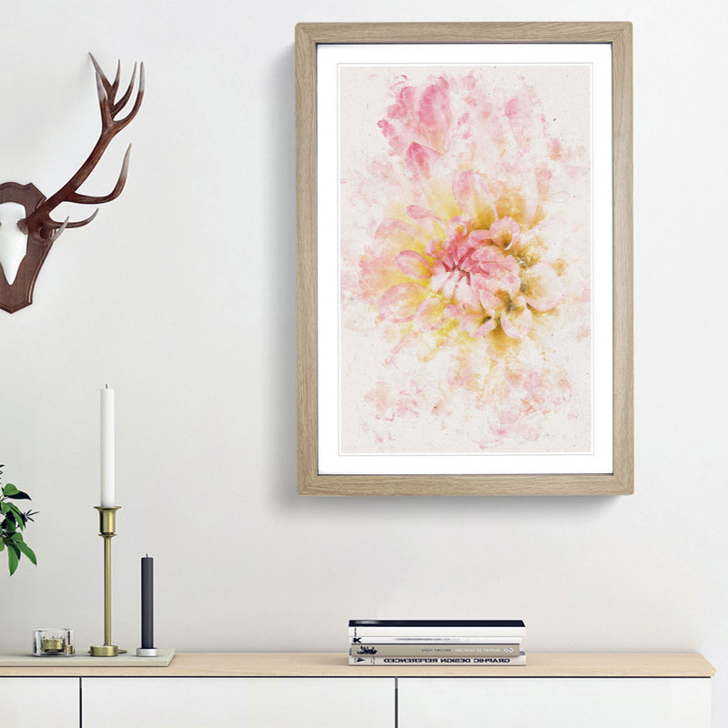 Pink Dahlia Flower Abstract - Picture Frame Painting Print, Oak Framed, 33cm H x 24cm W x 2cm D