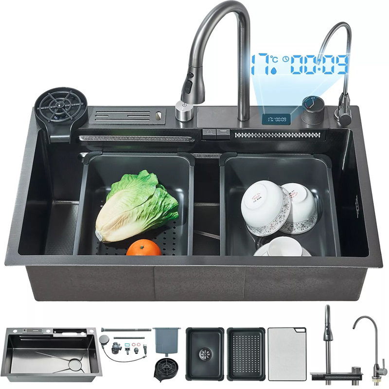 Flying Rain Stainles Steel Watefall Kitchen Sink with Pull Down Faucet 29.52inch