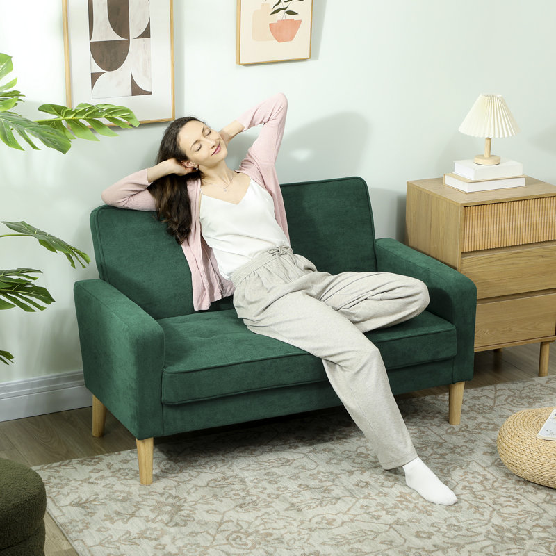 HOMCOM 2 Seater Sofa Velvet-Feel for Small Space Rubber Wood Legs, Green